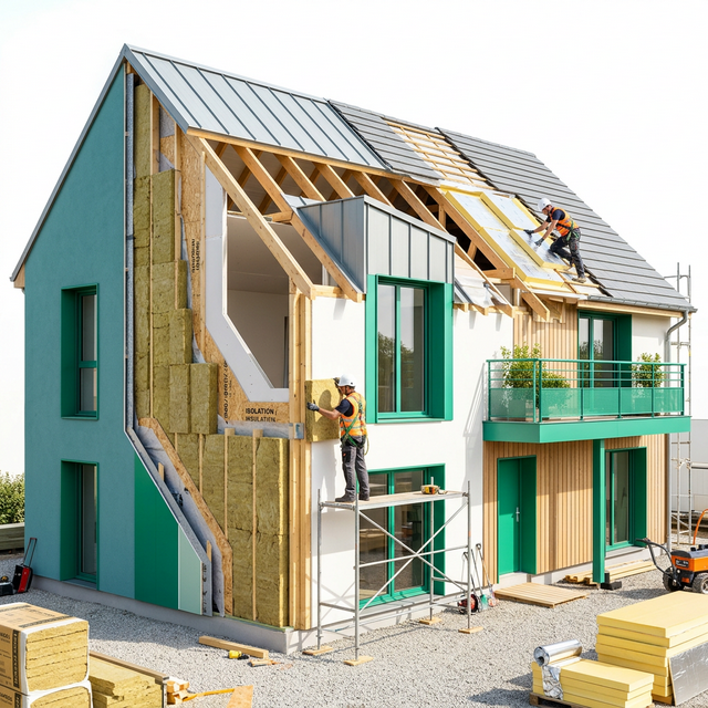 Isolation thermique d'une maison - vue en coupe montrant les différentes couches d'isolant